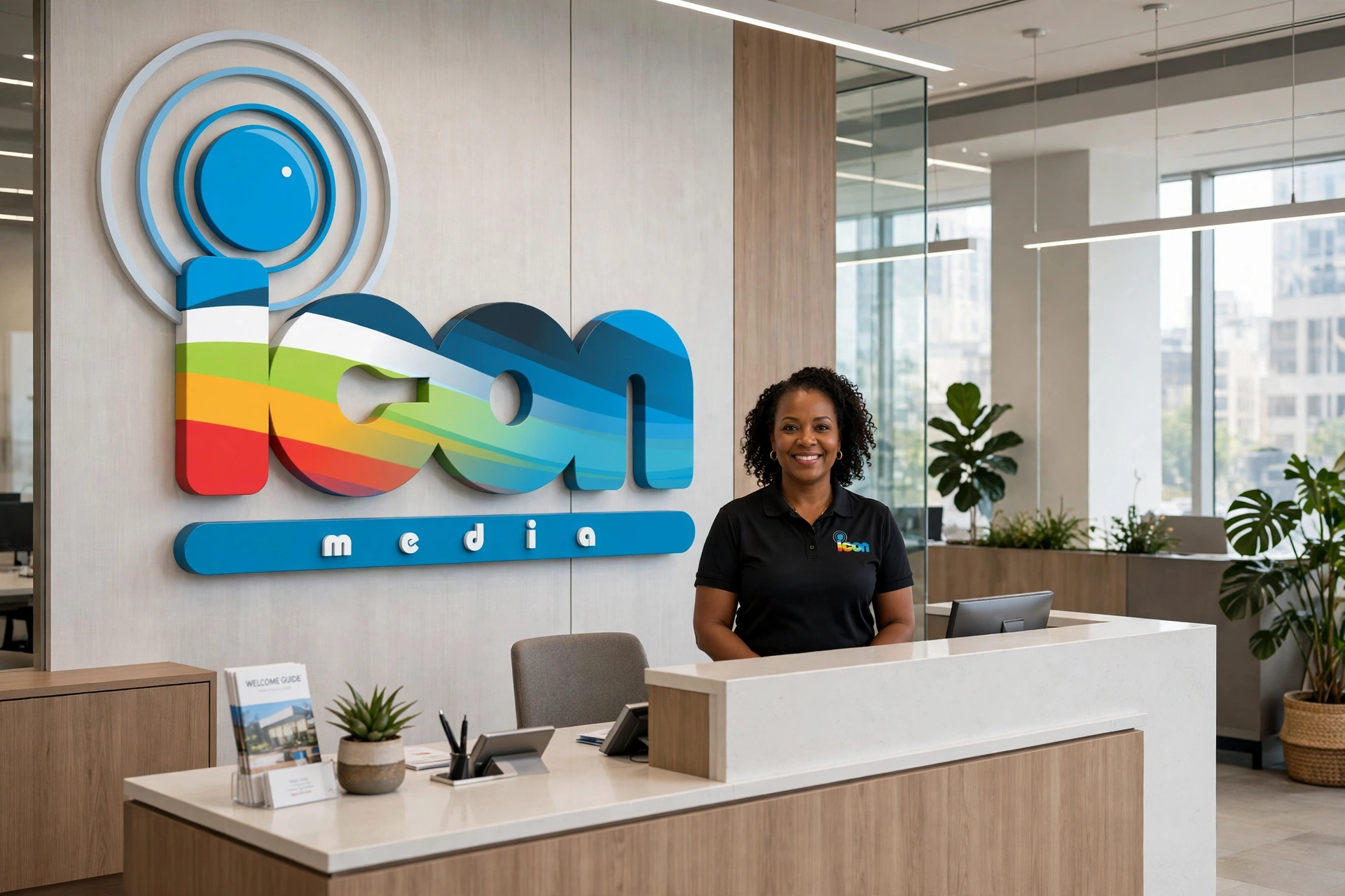Reception signage and corporate branding at an office entrance